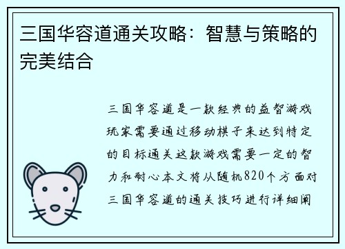 三国华容道通关攻略：智慧与策略的完美结合